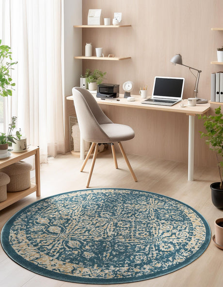 Teal 5' 3 x 5' 3 Oslo Round Area Rug 100% Polypropylene Traditional Classic Vintage Distressed Carpet for Indoor Home Decor for Sale at Rug Engine