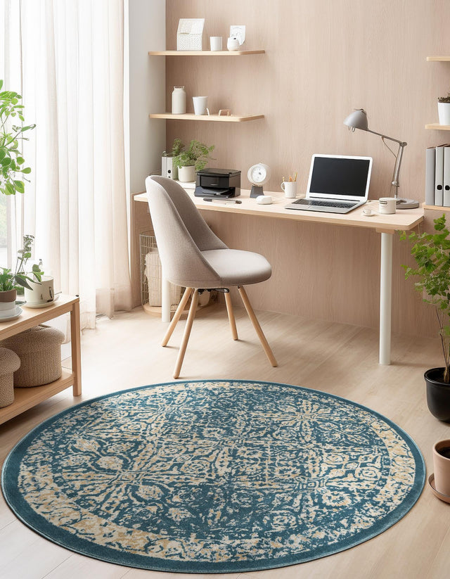 Teal 5' 3 x 5' 3 Oslo Round Area Rug 100% Polypropylene Traditional Classic Vintage Distressed Carpet for Indoor Home Decor for Sale at Rug Engine