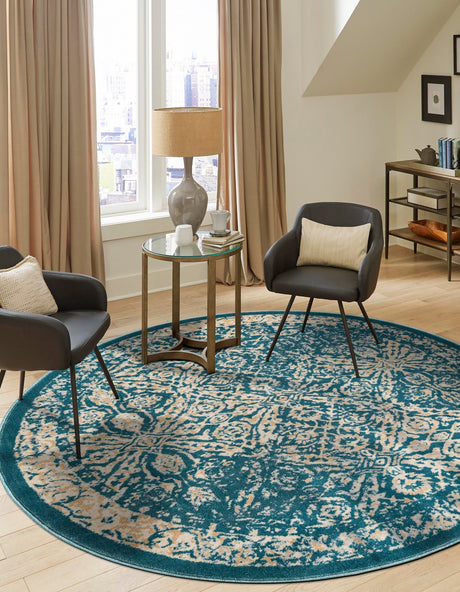 Teal 5' 3 x 5' 3 Oslo Round Area Rug 100% Polypropylene Traditional Classic Vintage Distressed Carpet for Indoor Home Decor for Sale at Rug Engine