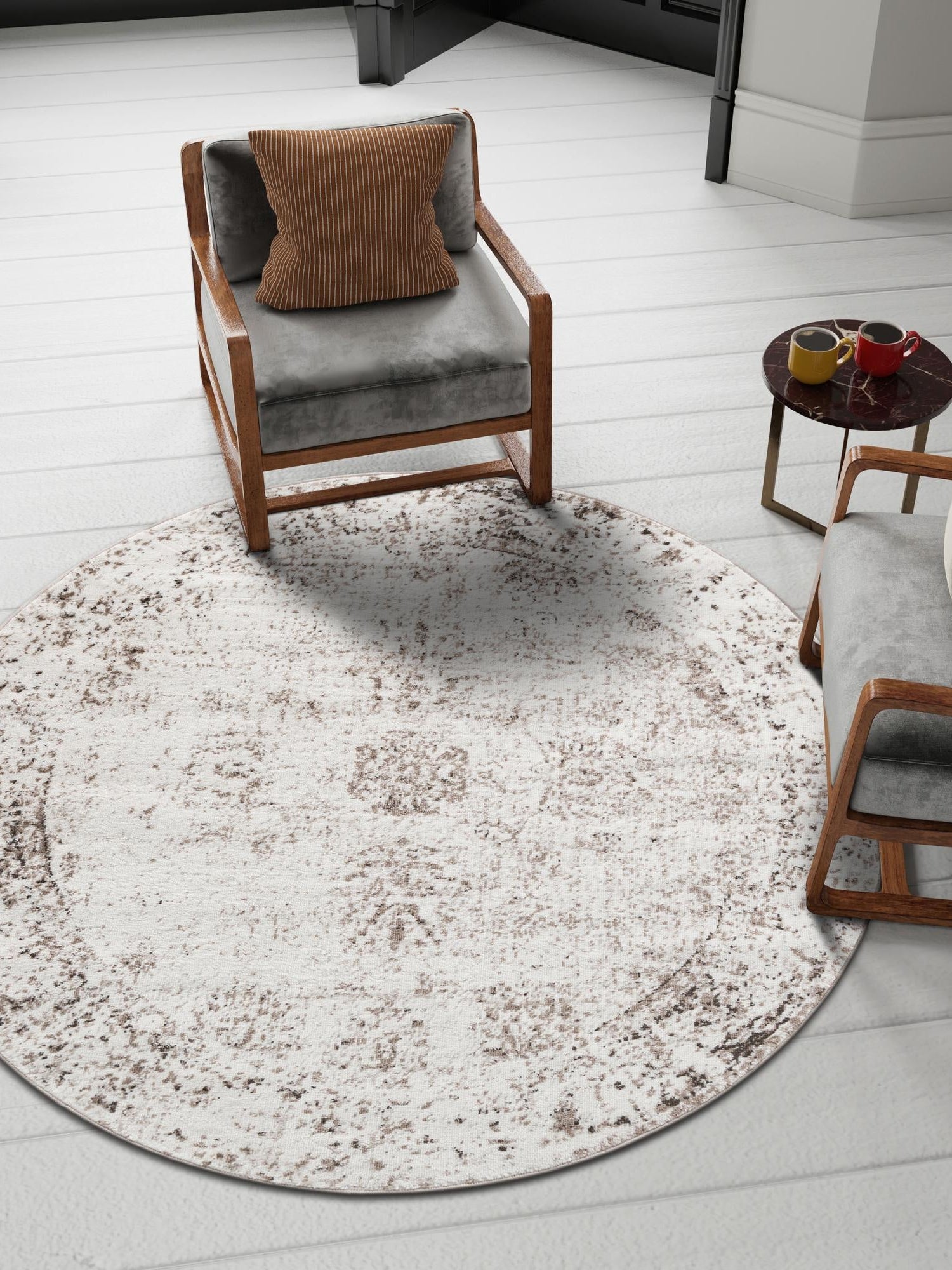 Beige 6' 1 x 6' 1 Sofia Round Area Rug Durable Easy Clean Stain Resistant Unique Carpet for Affordable Interior Home Design for Sale at Rug Engine
