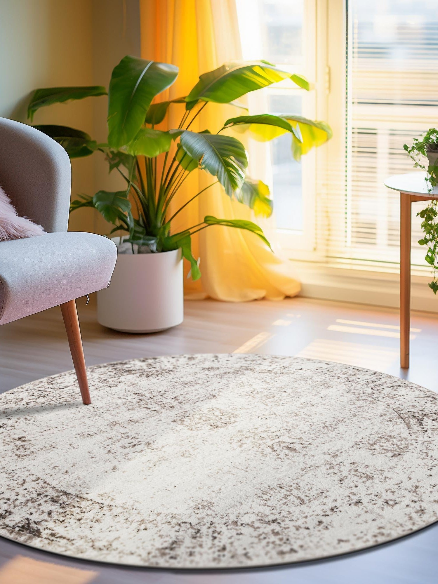 Beige 7' 1 x 7' 1 Sofia Round Area Rug Durable Easy Clean Stain Resistant Unique Carpet for Affordable Interior Home Design for Sale at Rug Engine