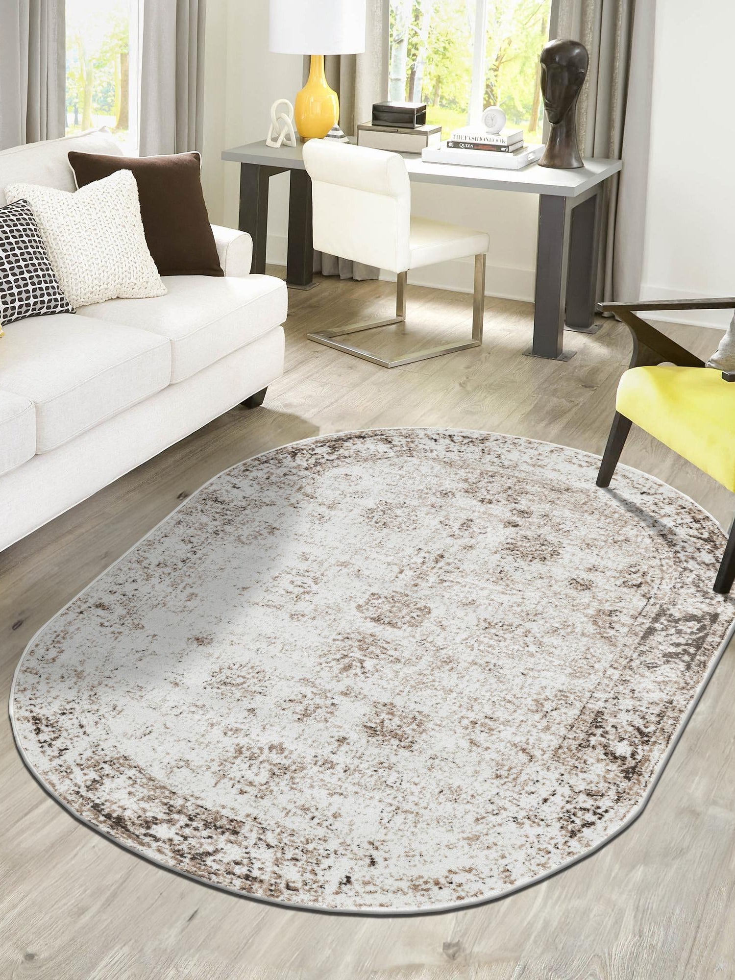 Beige 7' 10 x 10' Sofia Oval Area Rug Durable Easy Clean Stain Resistant Unique Carpet for Affordable Interior Home Design for Sale at Rug Engine