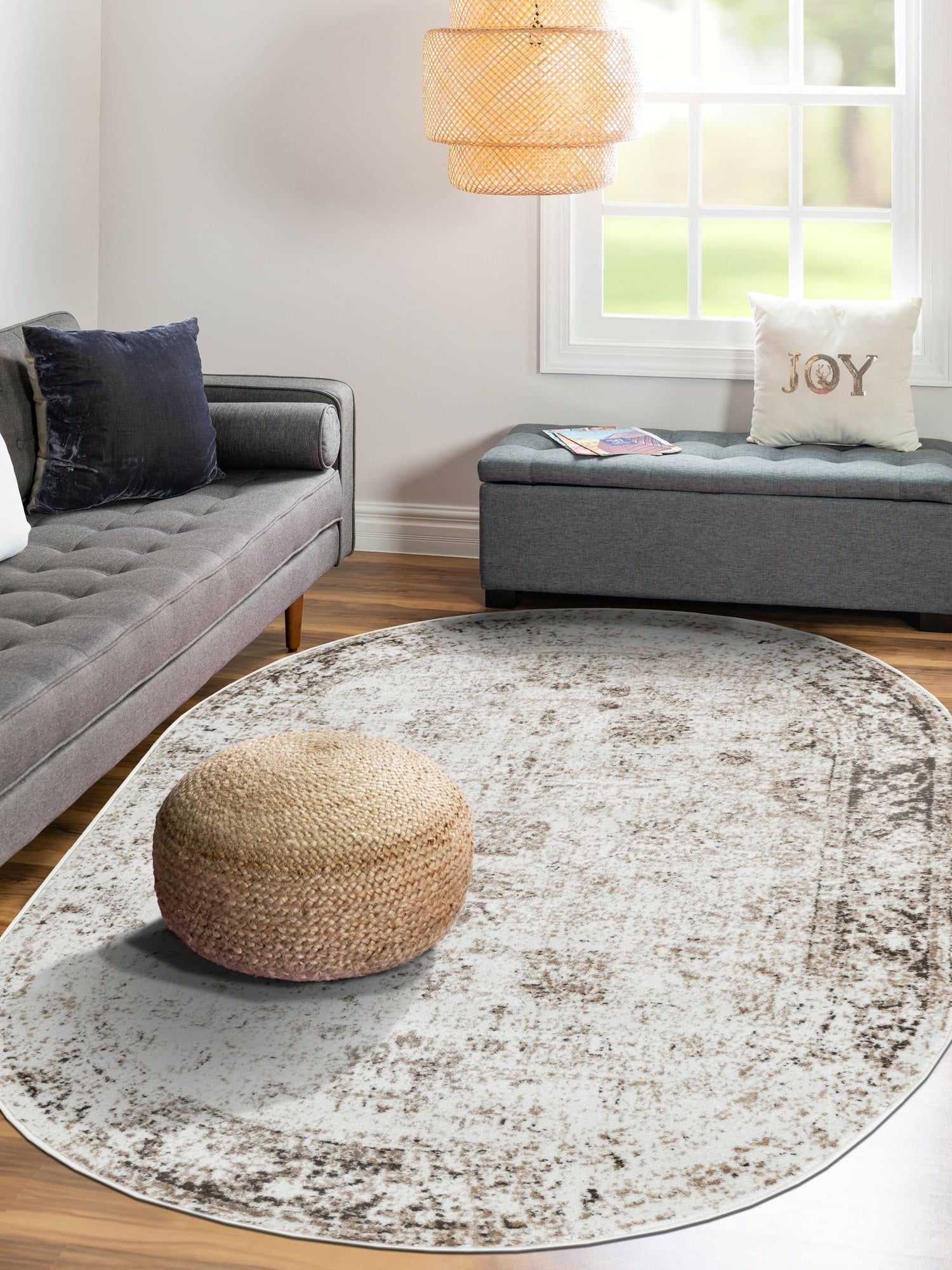 Beige 4' 1 x 6' 1 Sofia Oval Area Rug Durable Easy Clean Stain Resistant Unique Carpet for Affordable Interior Home Design for Sale at Rug Engine