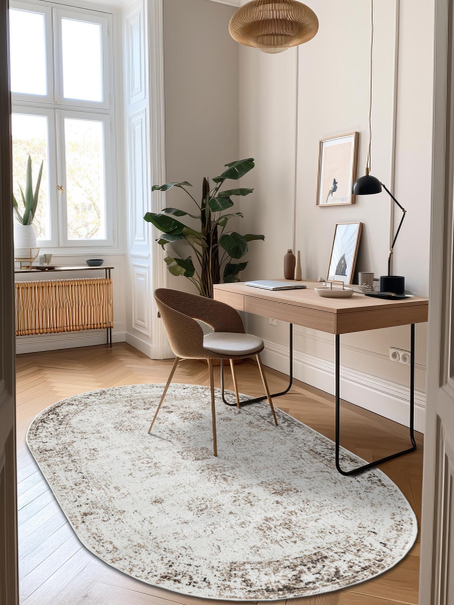 Beige 5' 3 x 8' Sofia Oval Area Rug Durable Easy Clean Stain Resistant Unique Carpet for Affordable Interior Home Design for Sale at Rug Engine
