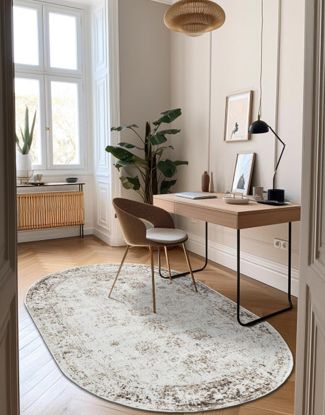Beige 5' 3 x 8' Sofia Oval Area Rug Durable Easy Clean Stain Resistant Unique Carpet for Affordable Interior Home Design for Sale at Rug Engine