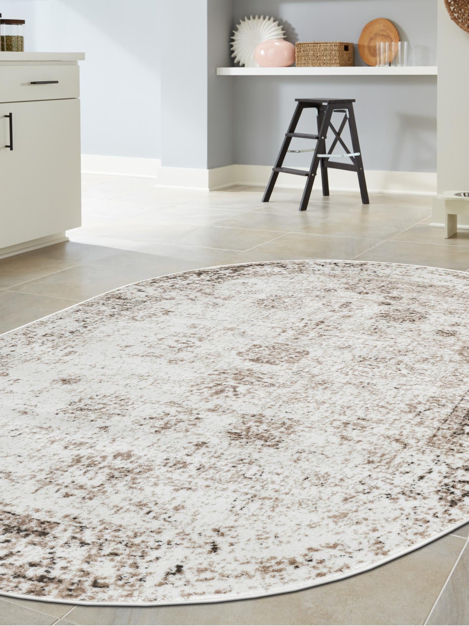 Beige 4' 1 x 6' 1 Sofia Oval Area Rug Durable Easy Clean Stain Resistant Unique Carpet for Affordable Interior Home Design for Sale at Rug Engine