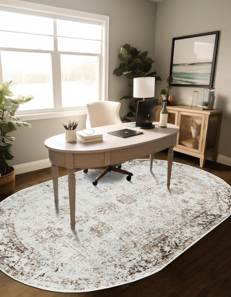 Beige 4' 1 x 6' 1 Sofia Oval Area Rug Durable Easy Clean Stain Resistant Unique Carpet for Affordable Interior Home Design for Sale at Rug Engine
