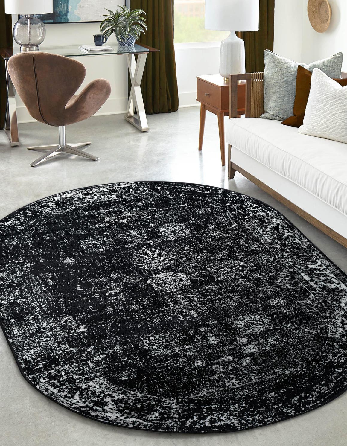 Black 7' 10 x 10' Sofia Oval Area Rug Durable Easy Clean Stain Resistant Unique Carpet for Affordable Interior Home Design for Sale at Rug Engine
