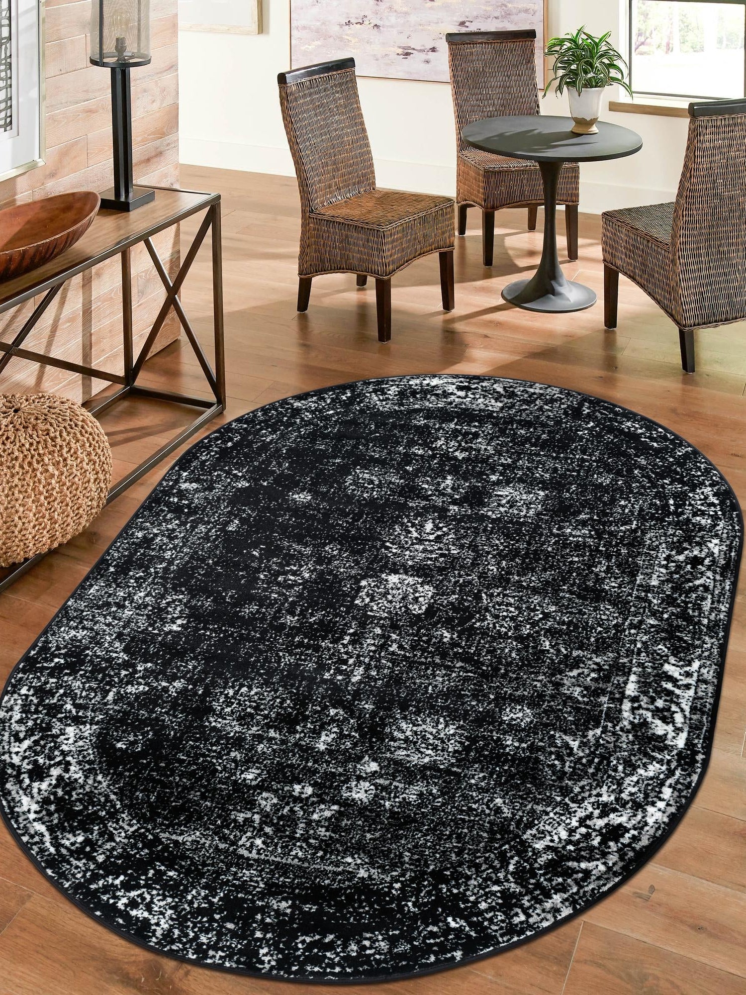 Black 4' 1 x 6' 1 Sofia Oval Area Rug Durable Easy Clean Stain Resistant Unique Carpet for Affordable Interior Home Design for Sale at Rug Engine