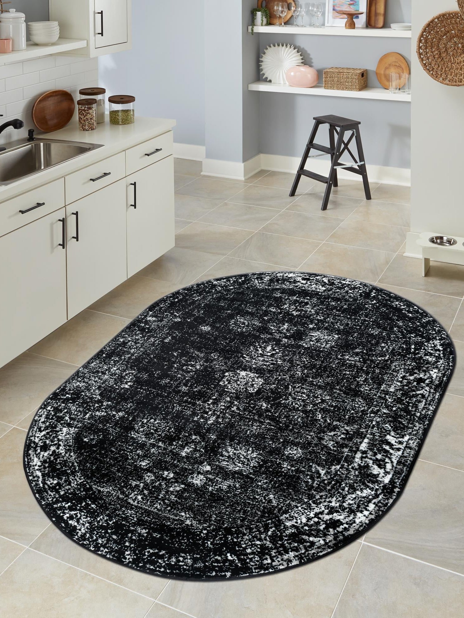 Black 5' 3 x 8' Sofia Oval Area Rug Durable Easy Clean Stain Resistant Unique Carpet for Affordable Interior Home Design for Sale at Rug Engine