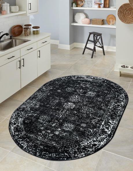 Black 4' 1 x 6' 1 Sofia Oval Area Rug Durable Easy Clean Stain Resistant Unique Carpet for Affordable Interior Home Design for Sale at Rug Engine