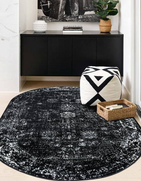 Black 5' 3 x 8' Sofia Oval Area Rug Durable Easy Clean Stain Resistant Unique Carpet for Affordable Interior Home Design for Sale at Rug Engine