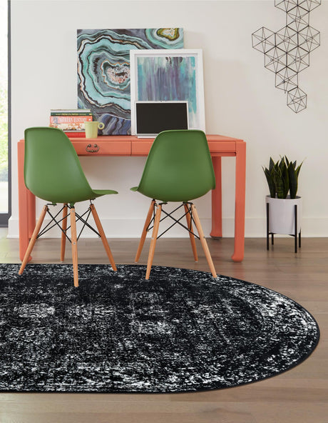 Black 5' 3 x 8' Sofia Oval Area Rug Durable Easy Clean Stain Resistant Unique Carpet for Affordable Interior Home Design for Sale at Rug Engine