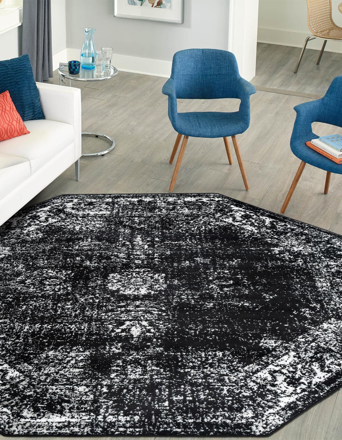 Black 7' 10 x 7' 10 Sofia Octagon Area Rug Durable Easy Clean Stain Resistant Unique Carpet for Affordable Interior Home Design for Sale at Rug Engine