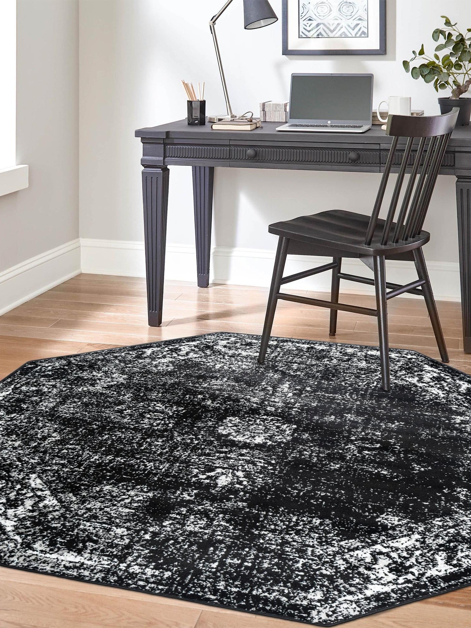 Black 6' 1 x 6' 1 Sofia Octagon Area Rug Durable Easy Clean Stain Resistant Unique Carpet for Affordable Interior Home Design for Sale at Rug Engine
