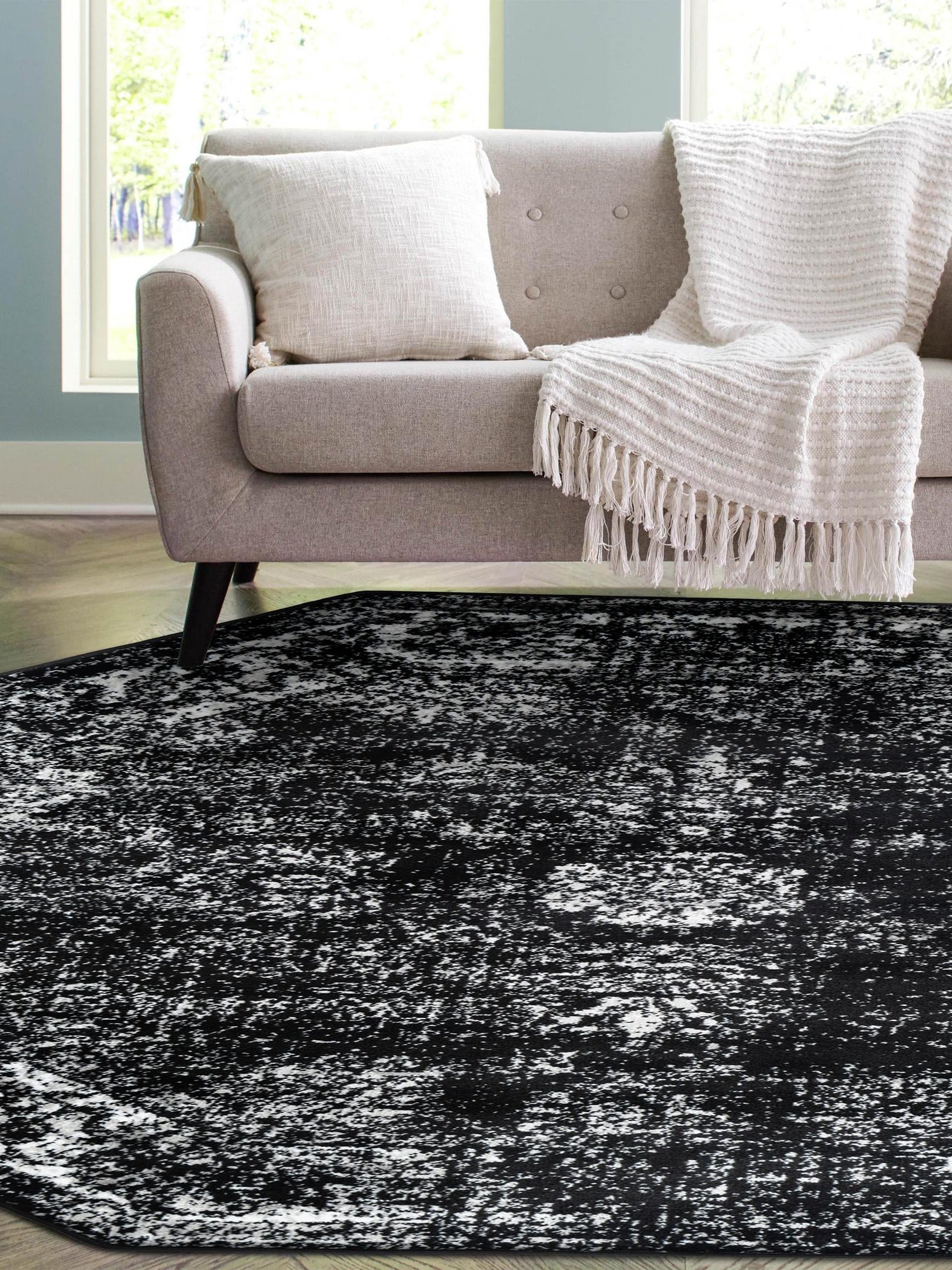 Black 6' 1 x 6' 1 Sofia Octagon Area Rug Durable Easy Clean Stain Resistant Unique Carpet for Affordable Interior Home Design for Sale at Rug Engine