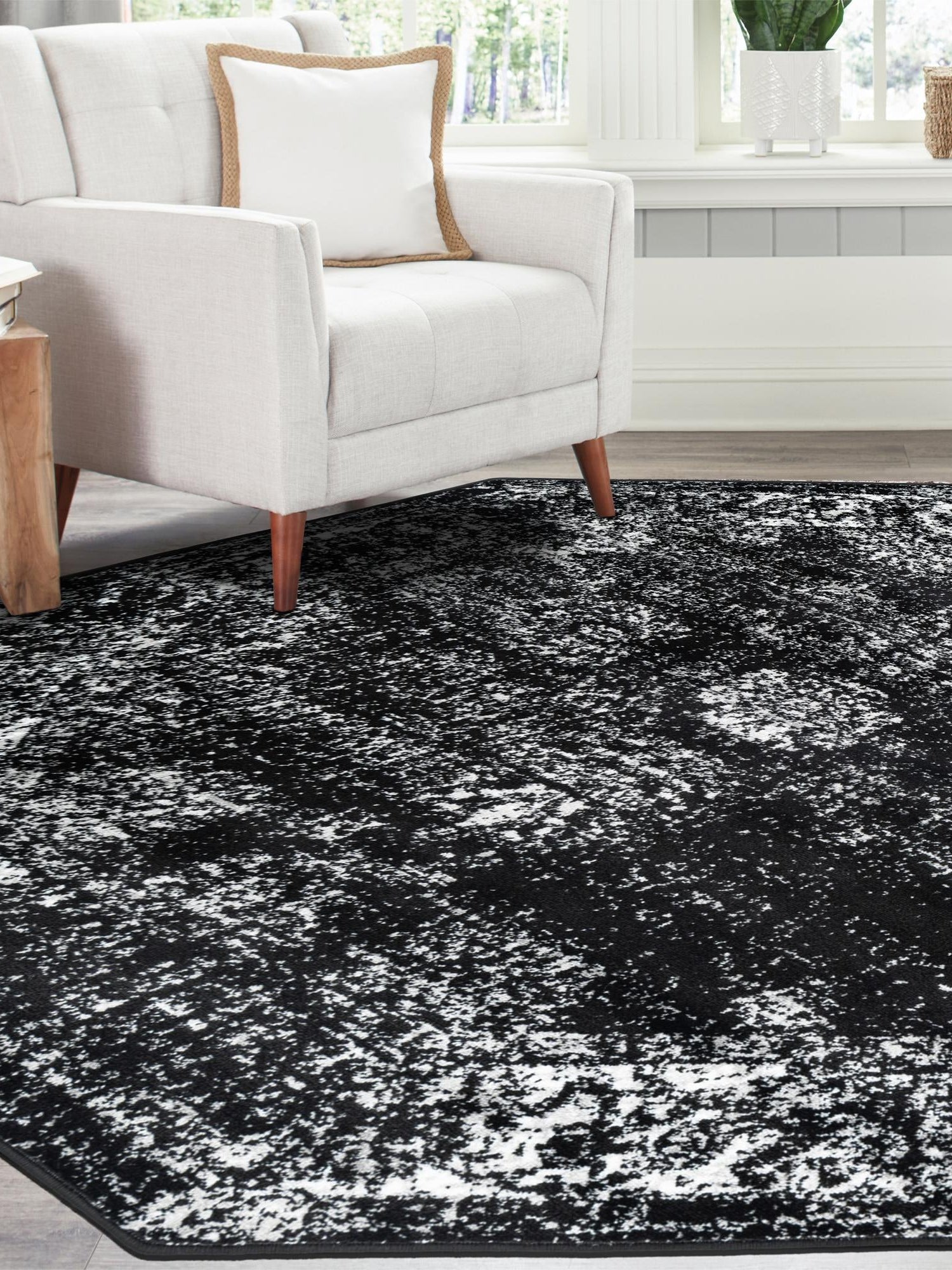Black 7' 10 x 7' 10 Sofia Octagon Area Rug Durable Easy Clean Stain Resistant Unique Carpet for Affordable Interior Home Design for Sale at Rug Engine