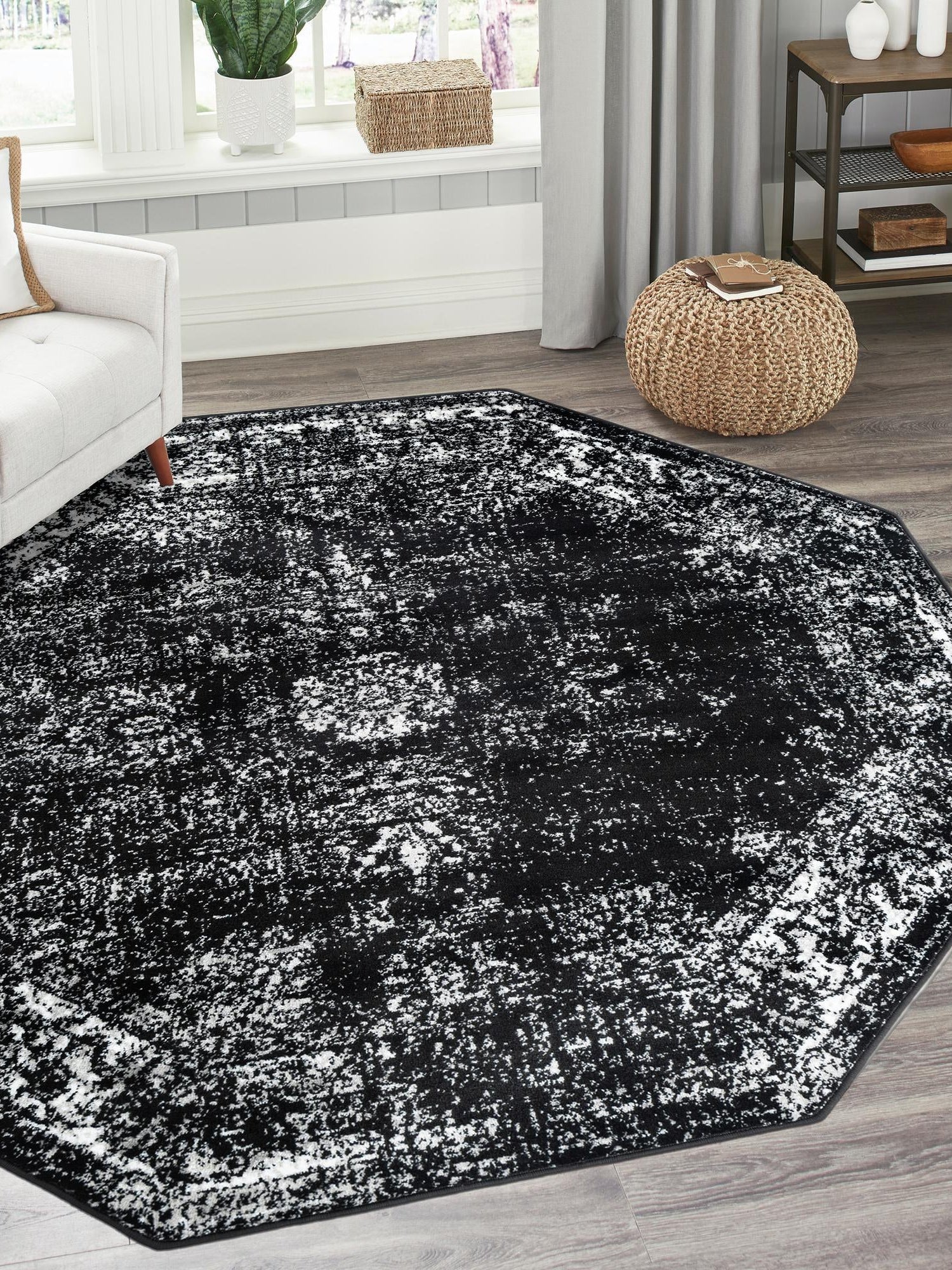 Black 6' 1 x 6' 1 Sofia Octagon Area Rug Durable Easy Clean Stain Resistant Unique Carpet for Affordable Interior Home Design for Sale at Rug Engine
