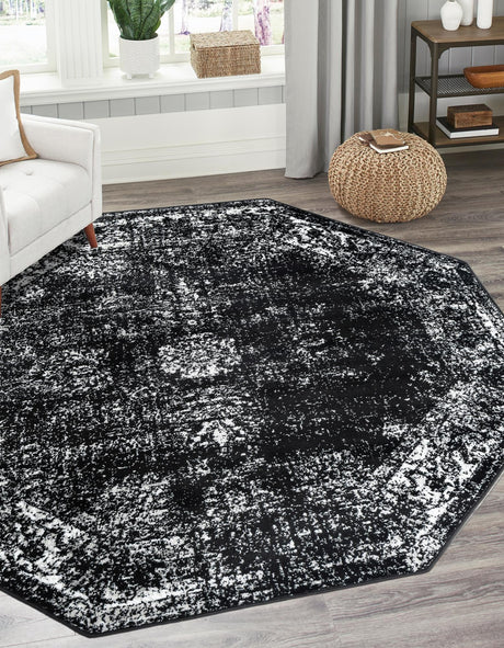 Black 7' 10 x 7' 10 Sofia Octagon Area Rug Durable Easy Clean Stain Resistant Unique Carpet for Affordable Interior Home Design for Sale at Rug Engine