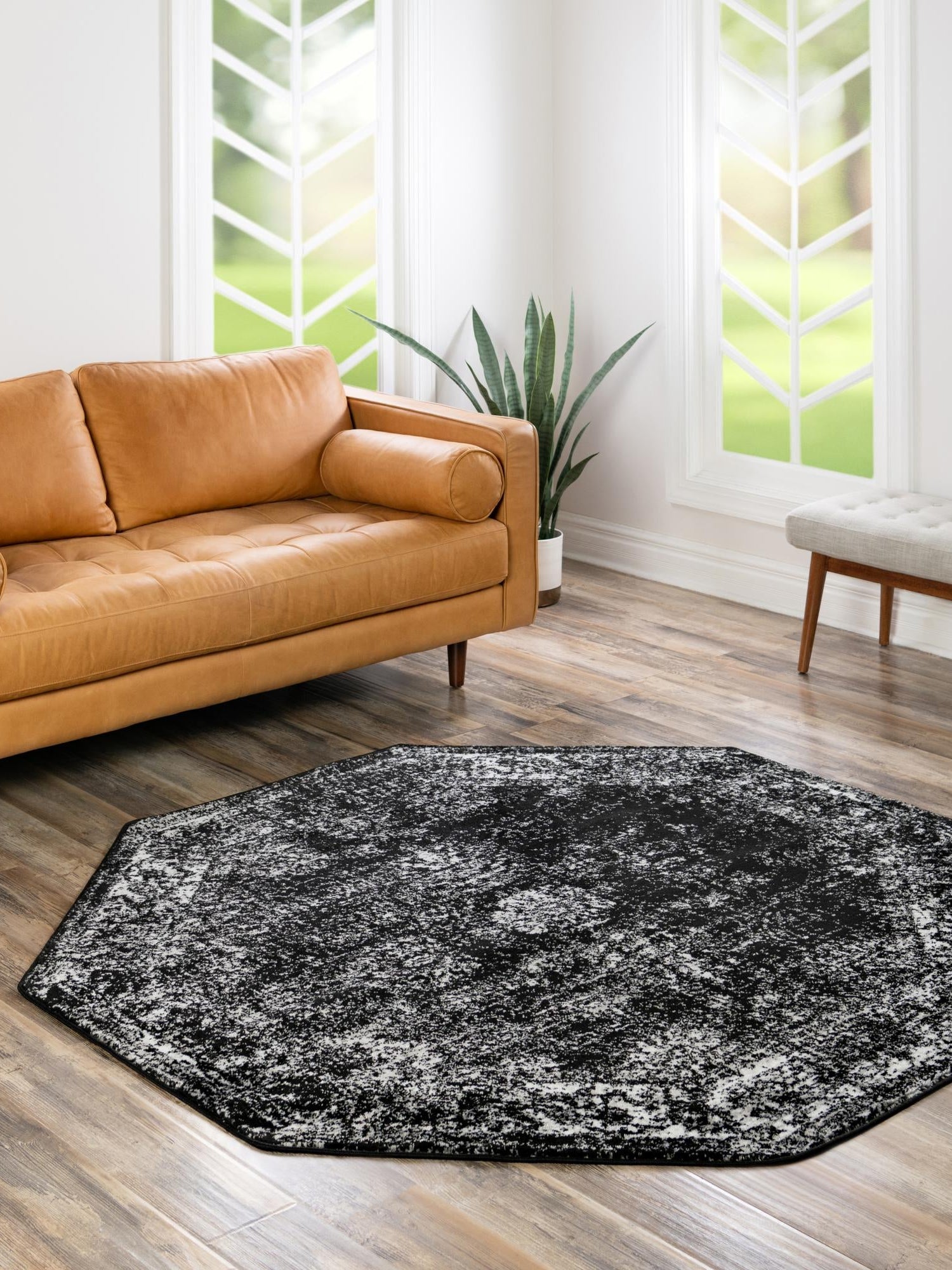 Black 7' 10 x 7' 10 Sofia Octagon Area Rug Durable Easy Clean Stain Resistant Unique Carpet for Affordable Interior Home Design for Sale at Rug Engine