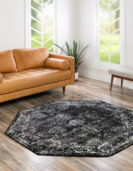 Black 7' 10 x 7' 10 Sofia Octagon Area Rug Durable Easy Clean Stain Resistant Unique Carpet for Affordable Interior Home Design for Sale at Rug Engine