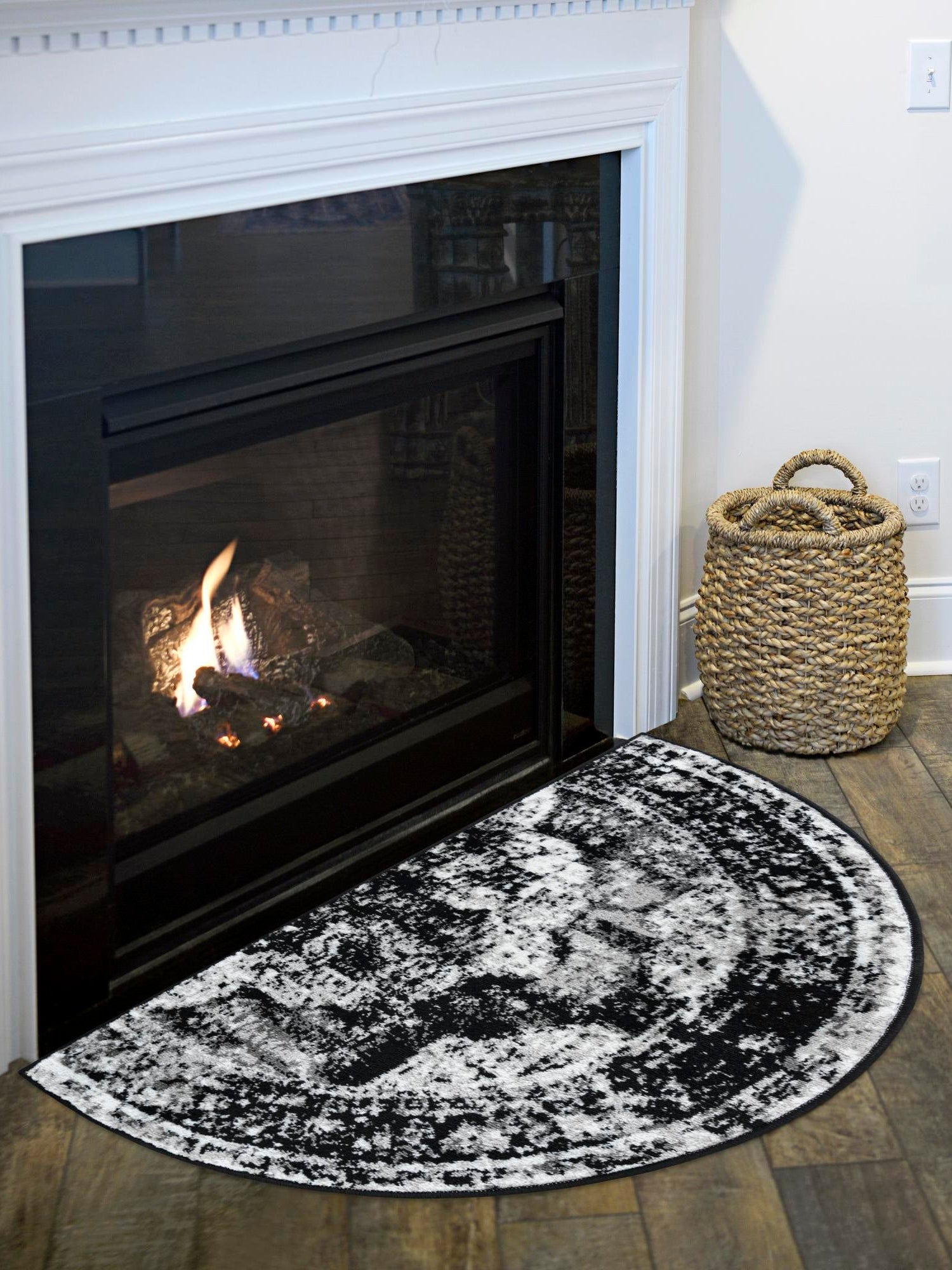 Black 2' 2 x 3' 7 Sofia Hearth Half-Round Semicircle Area Rug Durable Easy Clean Stain Resistant Unique Carpet for Affordable Interior Home Design for Sale at Rug Engine