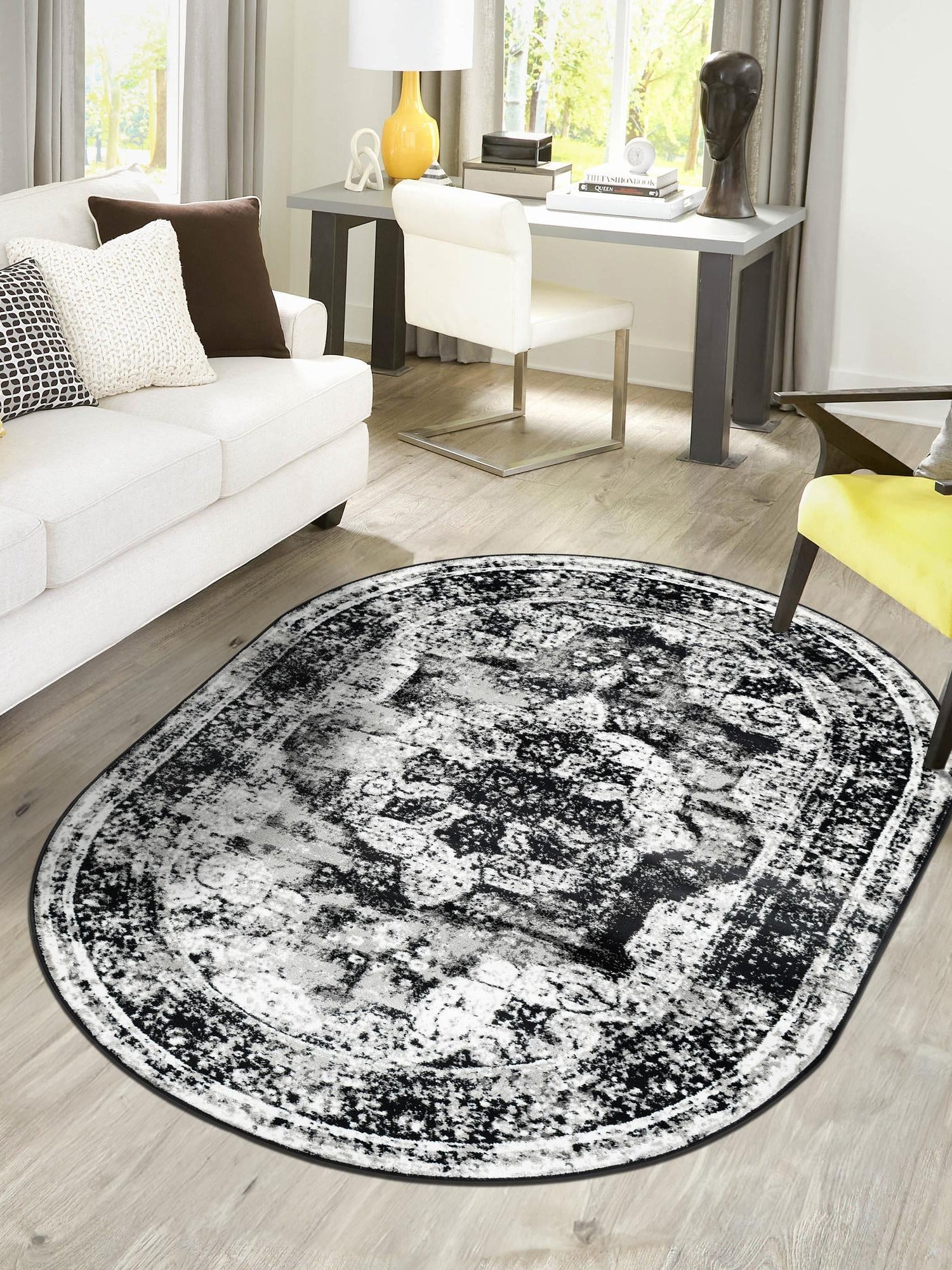 Black 5' 3 x 8' Sofia Oval Area Rug Durable Easy Clean Stain Resistant Unique Carpet for Affordable Interior Home Design for Sale at Rug Engine