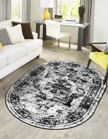Black 5' 3 x 8' Sofia Oval Area Rug Durable Easy Clean Stain Resistant Unique Carpet for Affordable Interior Home Design for Sale at Rug Engine