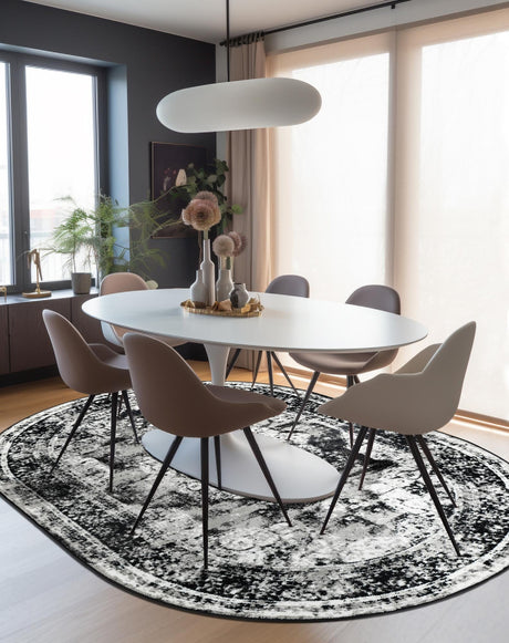 Black 5' 3 x 8' Sofia Oval Area Rug Durable Easy Clean Stain Resistant Unique Carpet for Affordable Interior Home Design for Sale at Rug Engine