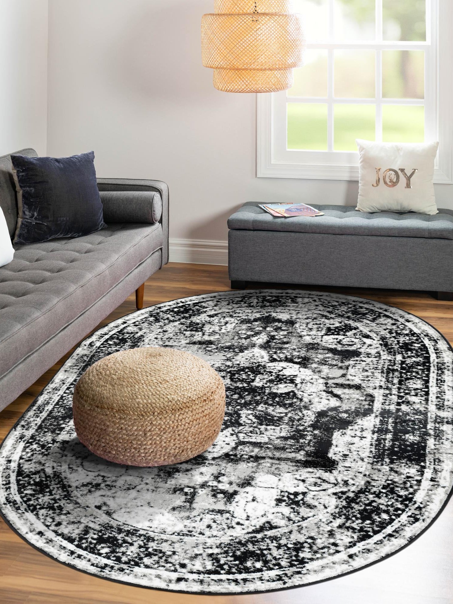 Black 5' 3 x 8' Sofia Oval Area Rug Durable Easy Clean Stain Resistant Unique Carpet for Affordable Interior Home Design for Sale at Rug Engine