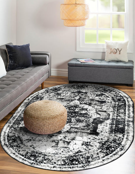 Black 5' 3 x 8' Sofia Oval Area Rug Durable Easy Clean Stain Resistant Unique Carpet for Affordable Interior Home Design for Sale at Rug Engine