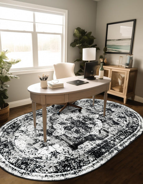 Black 4' 1 x 6' 1 Sofia Oval Area Rug Durable Easy Clean Stain Resistant Unique Carpet for Affordable Interior Home Design for Sale at Rug Engine