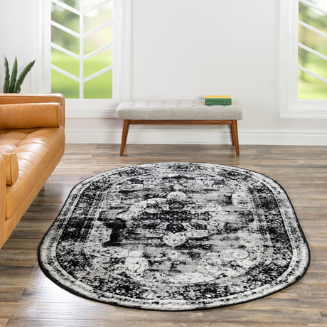 Black 7' 10 x 10' Sofia Oval Area Rug Durable Easy Clean Stain Resistant Unique Carpet for Affordable Interior Home Design for Sale at Rug Engine