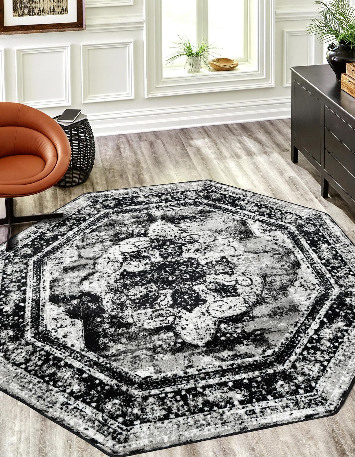 Black 4' 1 x 4' 1 Sofia Octagon Area Rug Durable Easy Clean Stain Resistant Unique Carpet for Affordable Interior Home Design for Sale at Rug Engine