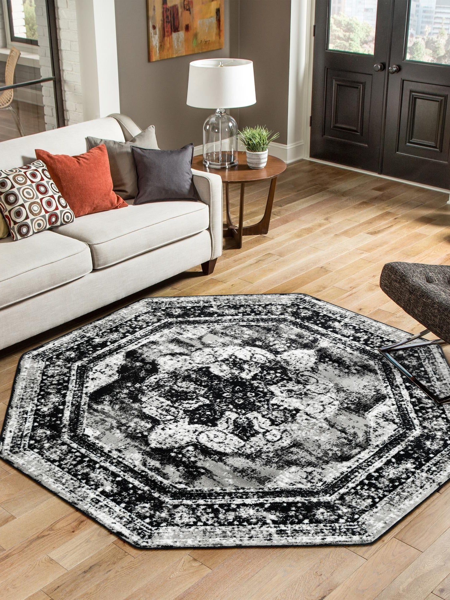 Black 7' 10 x 7' 10 Sofia Octagon Area Rug Durable Easy Clean Stain Resistant Unique Carpet for Affordable Interior Home Design for Sale at Rug Engine