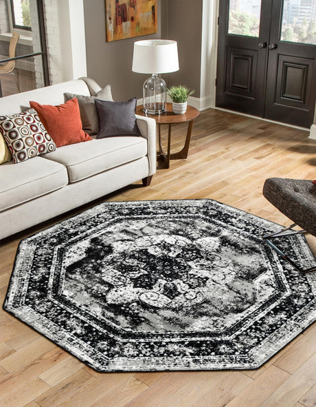 Black 4' 1 x 4' 1 Sofia Octagon Area Rug Durable Easy Clean Stain Resistant Unique Carpet for Affordable Interior Home Design for Sale at Rug Engine