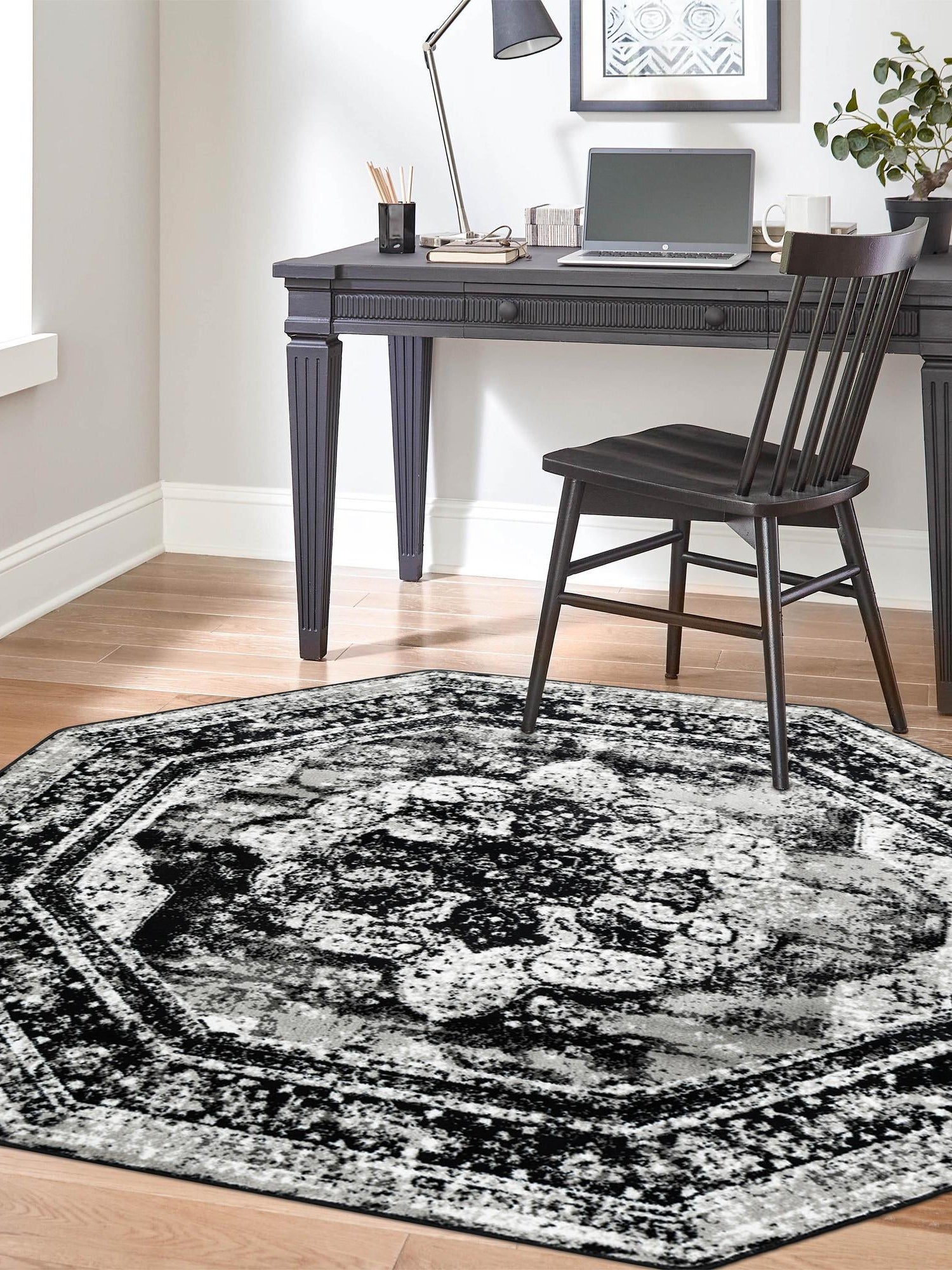 Black 4' 1 x 4' 1 Sofia Octagon Area Rug Durable Easy Clean Stain Resistant Unique Carpet for Affordable Interior Home Design for Sale at Rug Engine