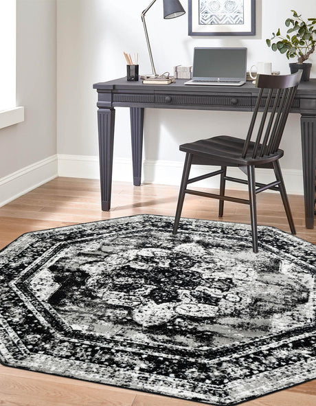 Black 4' 1 x 4' 1 Sofia Octagon Area Rug Durable Easy Clean Stain Resistant Unique Carpet for Affordable Interior Home Design for Sale at Rug Engine