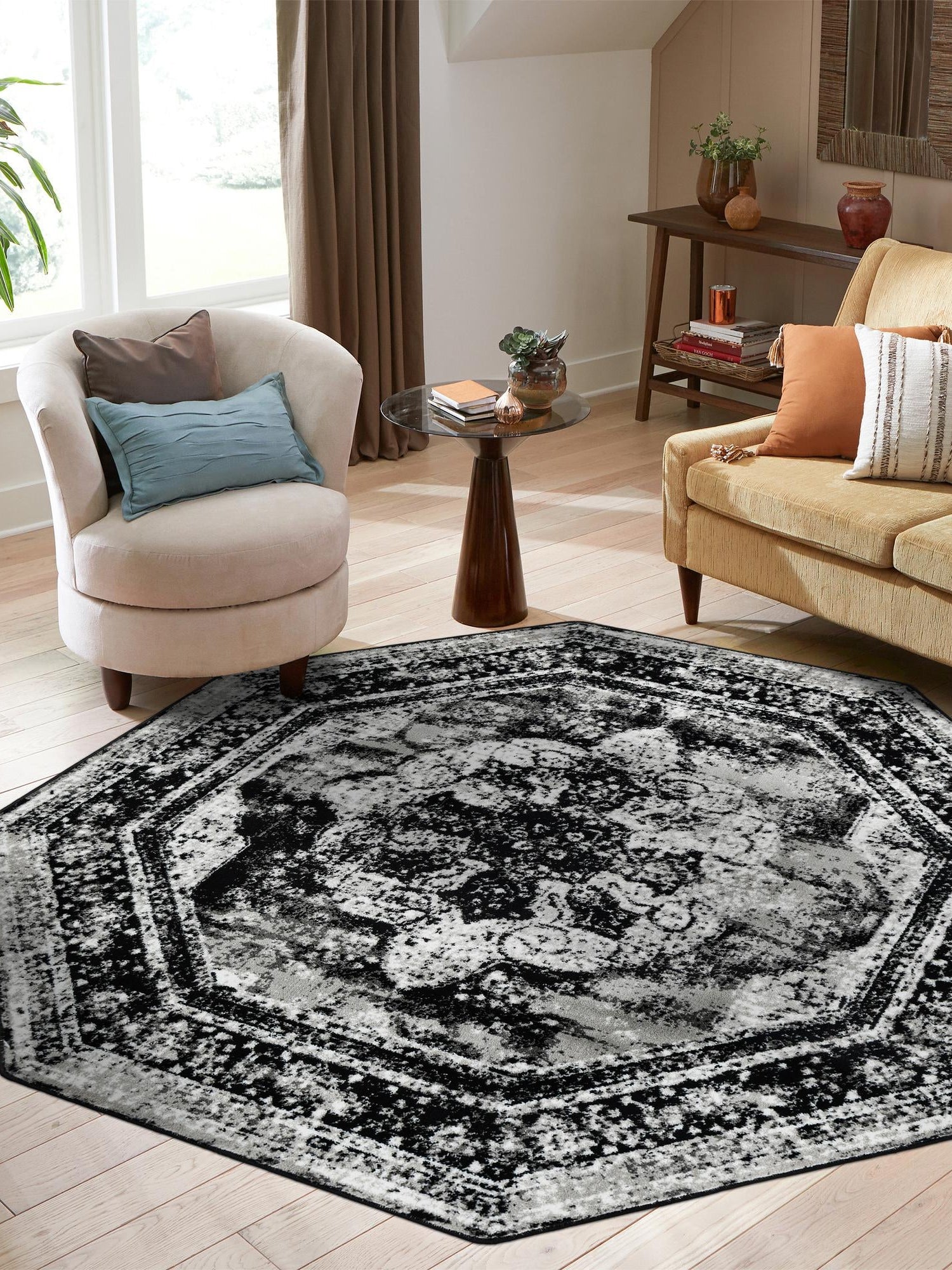 Black 4' 1 x 4' 1 Sofia Octagon Area Rug Durable Easy Clean Stain Resistant Unique Carpet for Affordable Interior Home Design for Sale at Rug Engine