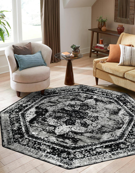 Black 4' 1 x 4' 1 Sofia Octagon Area Rug Durable Easy Clean Stain Resistant Unique Carpet for Affordable Interior Home Design for Sale at Rug Engine