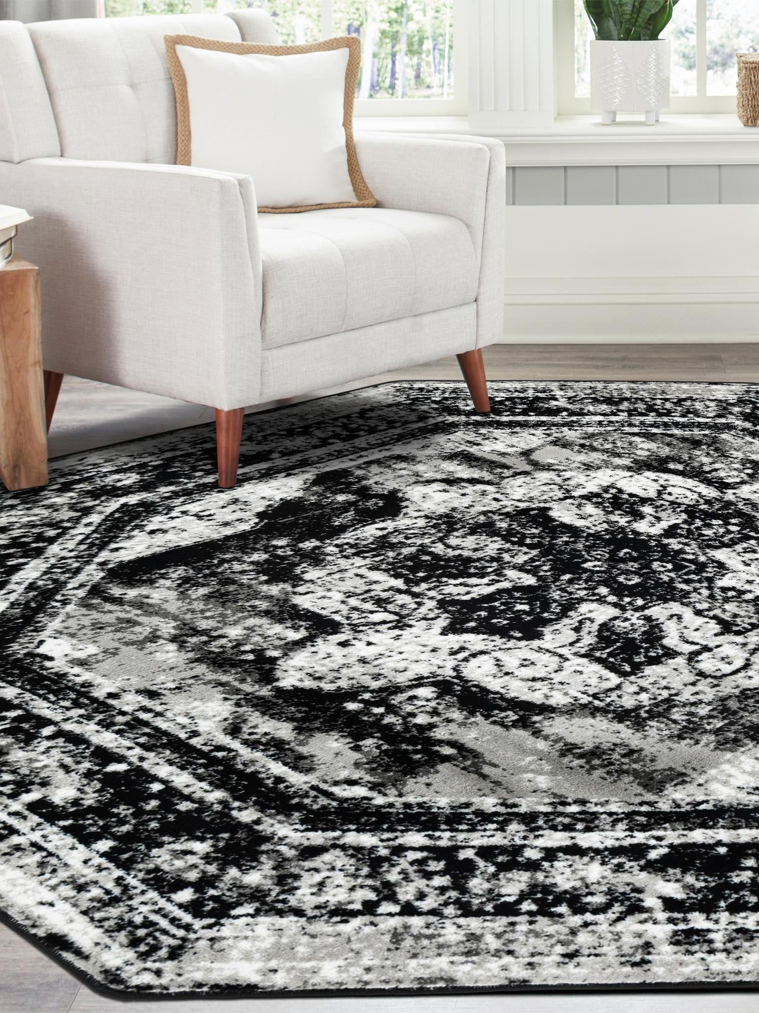 Black 7' 10 x 7' 10 Sofia Octagon Area Rug Durable Easy Clean Stain Resistant Unique Carpet for Affordable Interior Home Design for Sale at Rug Engine