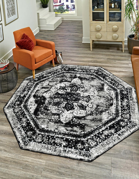 Black 6' 1 x 6' 1 Sofia Octagon Area Rug Durable Easy Clean Stain Resistant Unique Carpet for Affordable Interior Home Design for Sale at Rug Engine