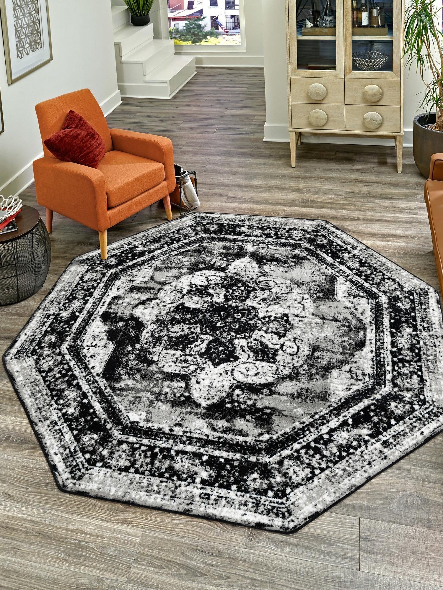 Black 4' 1 x 4' 1 Sofia Octagon Area Rug Durable Easy Clean Stain Resistant Unique Carpet for Affordable Interior Home Design for Sale at Rug Engine