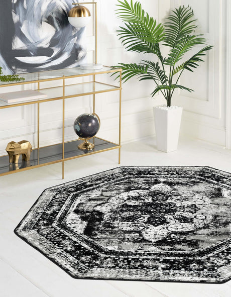 Black 4' 1 x 4' 1 Sofia Octagon Area Rug Durable Easy Clean Stain Resistant Unique Carpet for Affordable Interior Home Design for Sale at Rug Engine