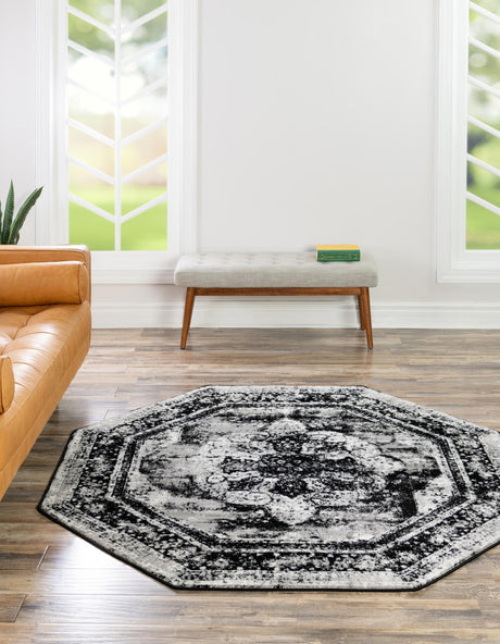 Black 7' 10 x 7' 10 Sofia Octagon Area Rug Durable Easy Clean Stain Resistant Unique Carpet for Affordable Interior Home Design for Sale at Rug Engine