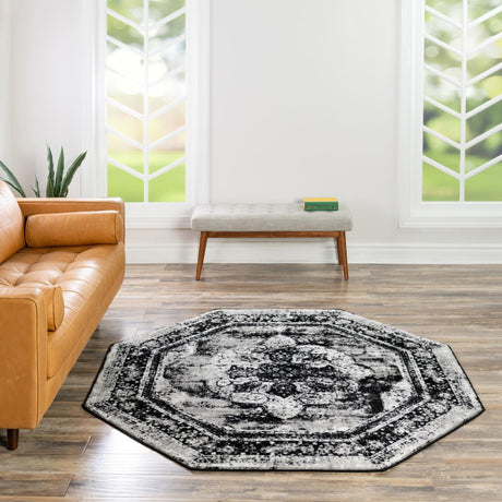 Black 6' 1 x 6' 1 Sofia Octagon Area Rug Durable Easy Clean Stain Resistant Unique Carpet for Affordable Interior Home Design for Sale at Rug Engine