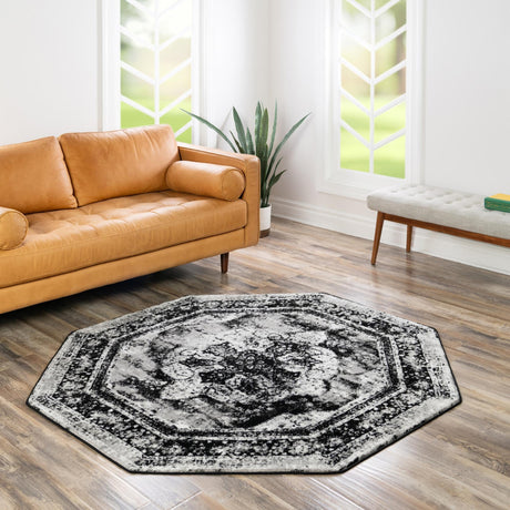 Black 6' 1 x 6' 1 Sofia Octagon Area Rug Durable Easy Clean Stain Resistant Unique Carpet for Affordable Interior Home Design for Sale at Rug Engine