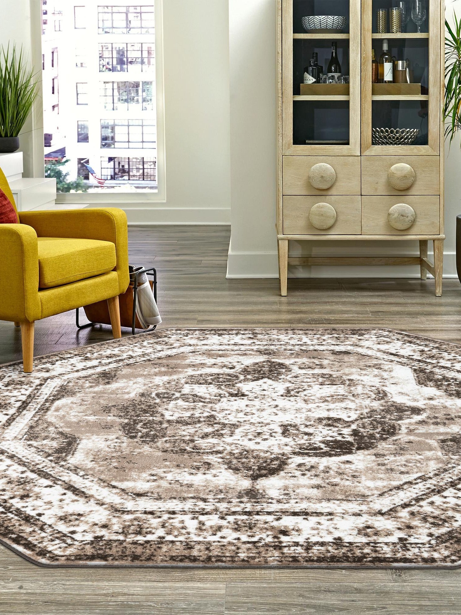 Light Brown 6' 1 x 6' 1 Sofia Octagon Area Rug Durable Easy Clean Stain Resistant Unique Carpet for Affordable Interior Home Design for Sale at Rug Engine