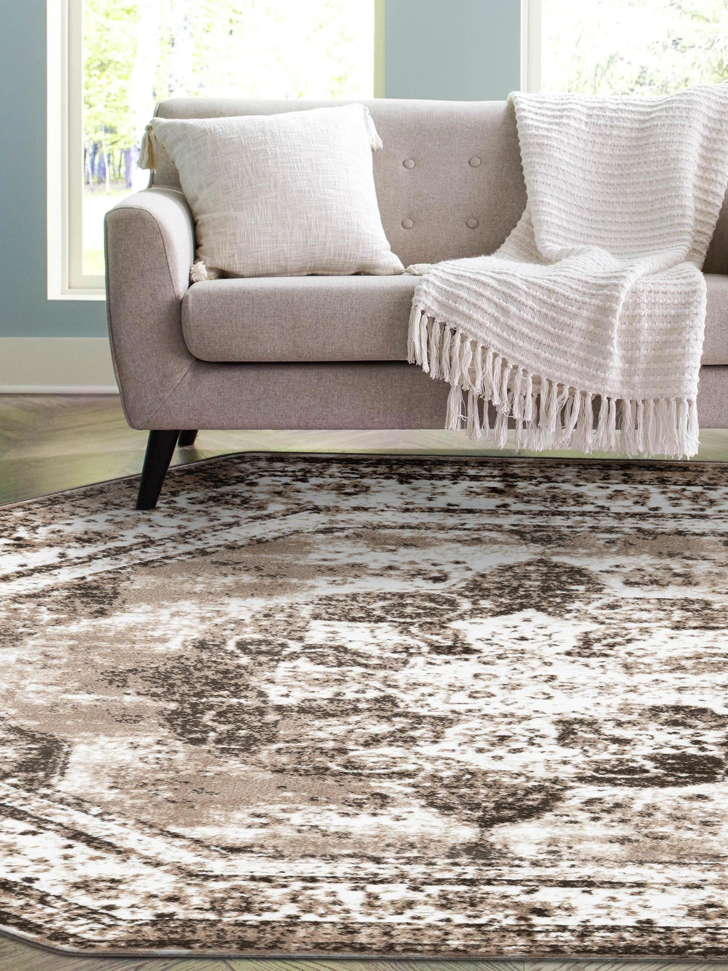 Light Brown 7' 10 x 7' 10 Sofia Octagon Area Rug Durable Easy Clean Stain Resistant Unique Carpet for Affordable Interior Home Design for Sale at Rug Engine