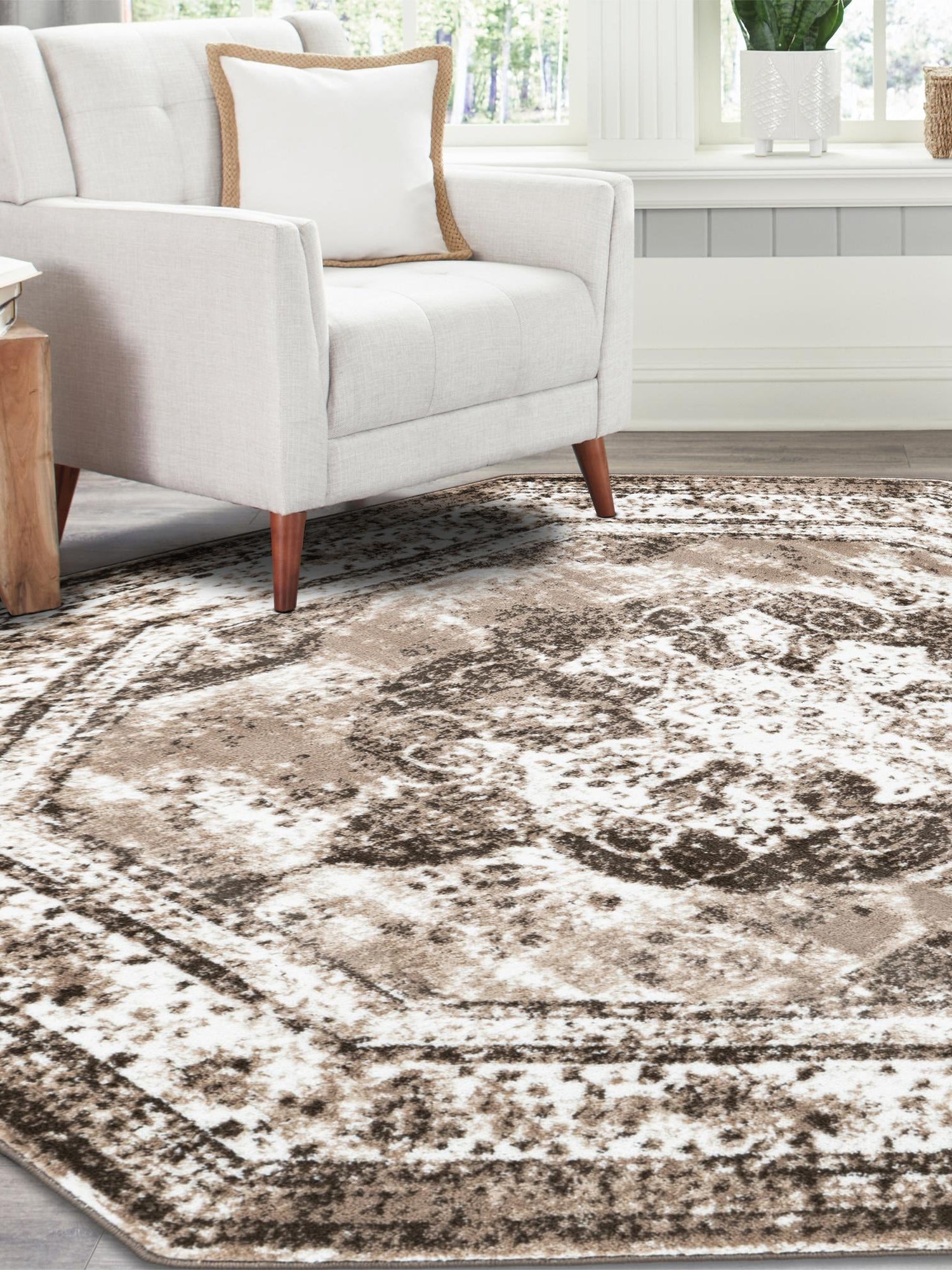 Light Brown 7' 10 x 7' 10 Sofia Octagon Area Rug Durable Easy Clean Stain Resistant Unique Carpet for Affordable Interior Home Design for Sale at Rug Engine